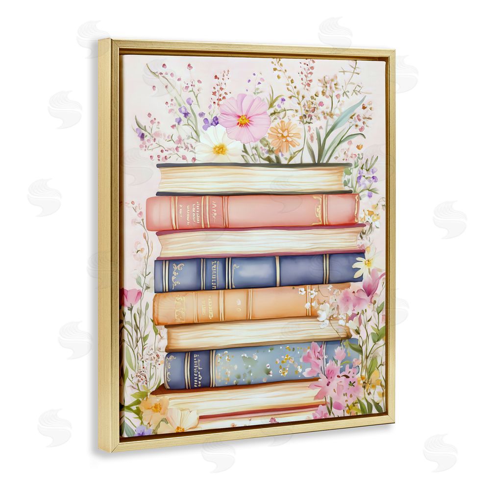 LSR Design Studio Blooming Bookstack in Pastels Gold Floating Frame Stretched Canvas Wall Art Print