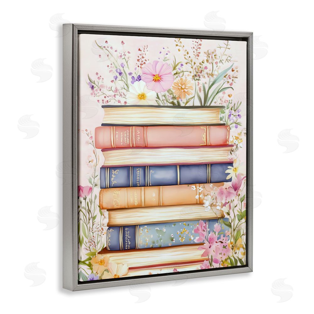 LSR Design Studio Blooming Bookstack in Pastels Gray Floating Frame Stretched Canvas Wall Art Print
