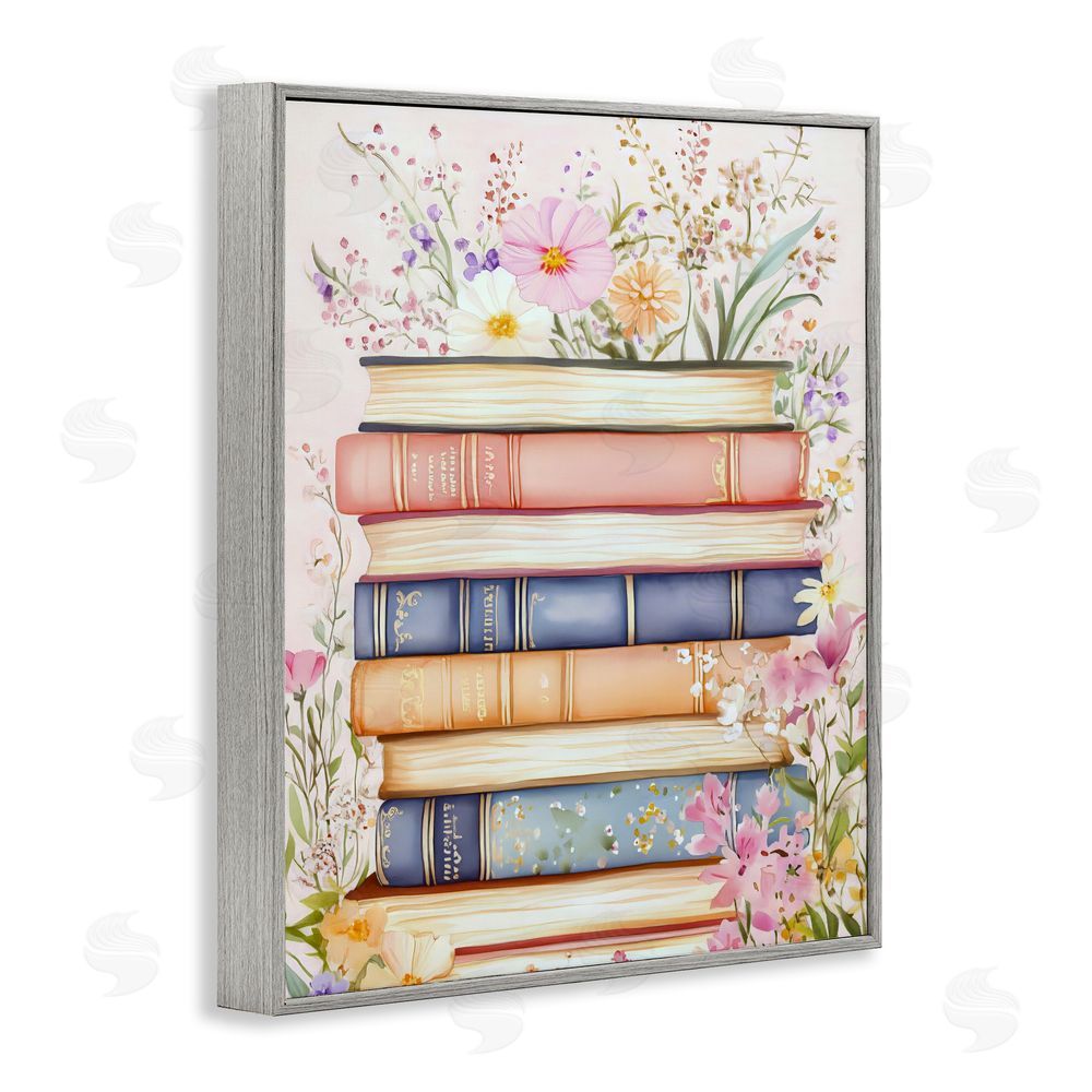 LSR Design Studio Blooming Bookstack in Pastels Gray Framed Giclee Wall Art Print