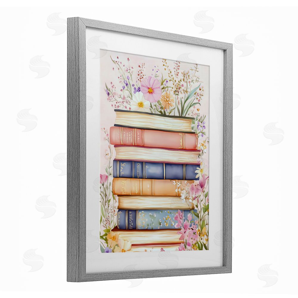 LSR Design Studio Blooming Bookstack in Pastels Gray Framed Print Under Glass with Matting Wall Art