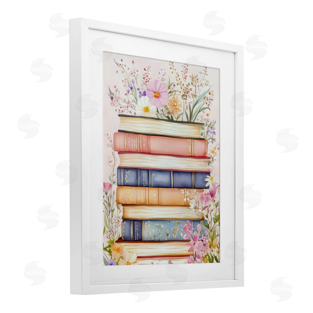 LSR Design Studio Blooming Bookstack in Pastels White Framed Print Under Glass with Matting Wall Art