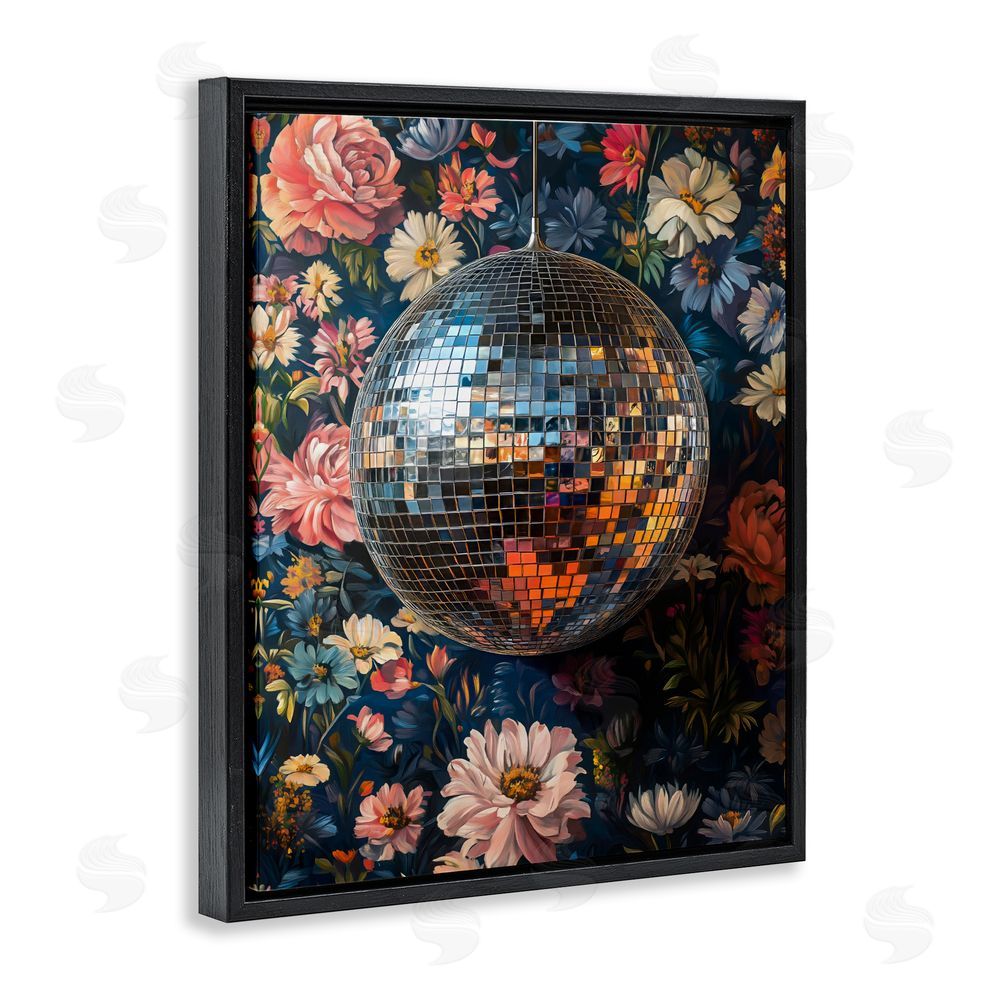 LSR Design Studio Floral Disco Ball Reflection Black Floating Framed Canvas Wall Art