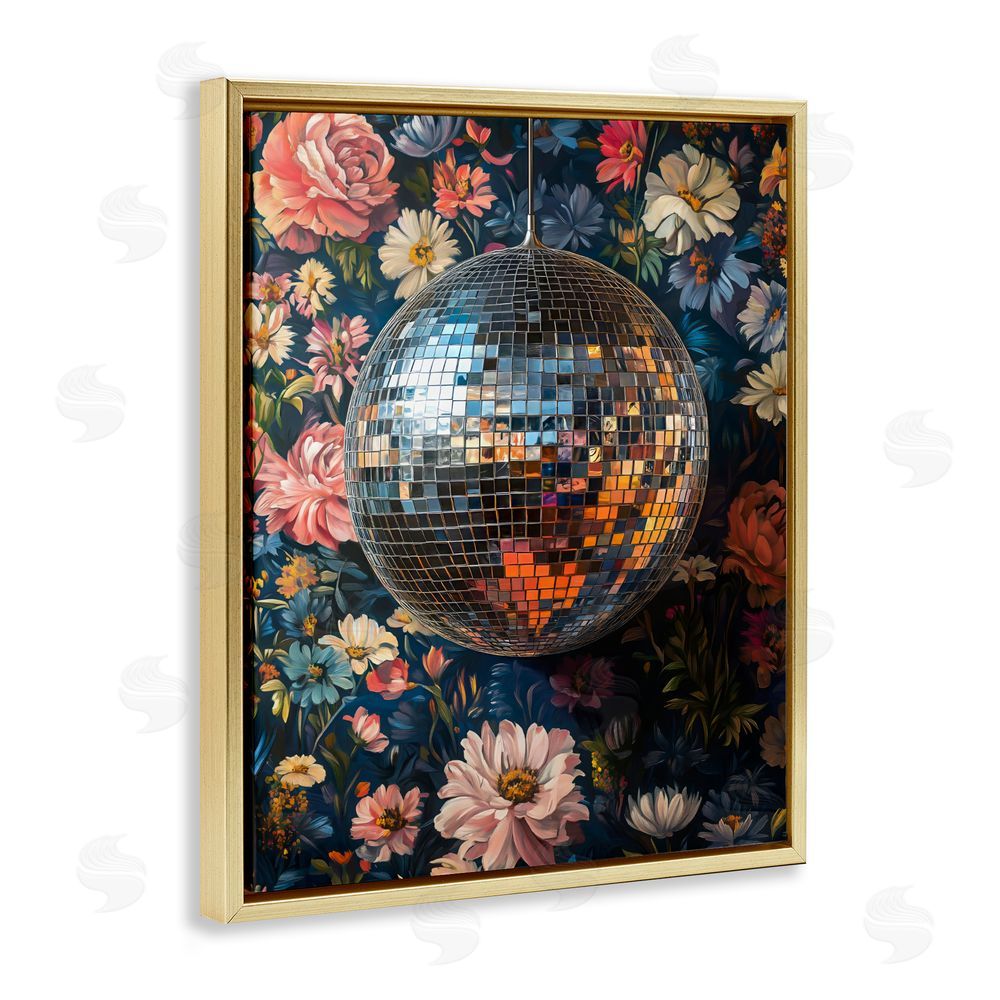 LSR Design Studio Floral Disco Ball Reflection Gold Floating Framed Canvas Wall Art