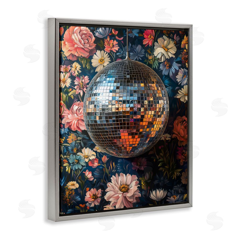 LSR Design Studio Floral Disco Ball Reflection Gray Floating Framed Canvas Wall Art