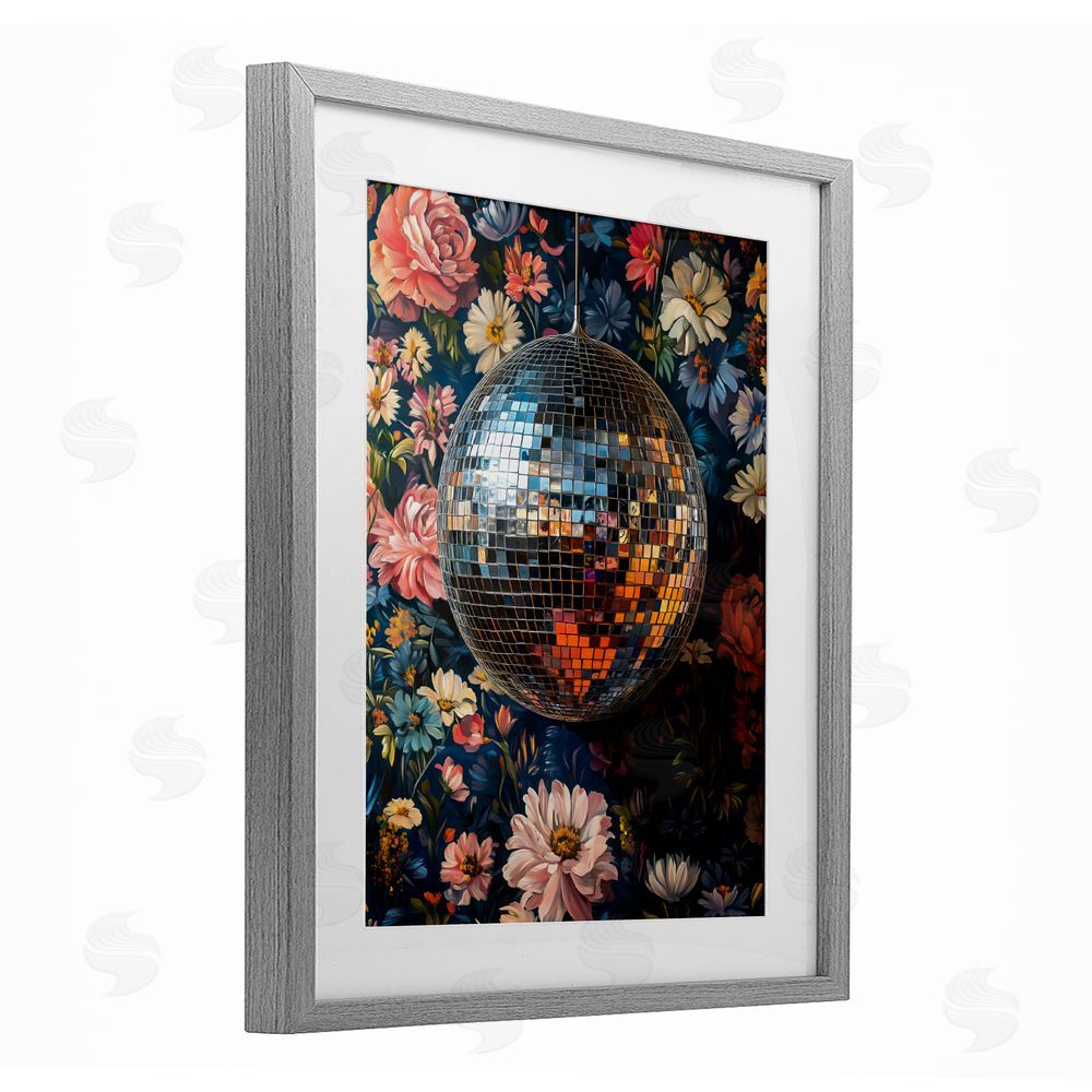 LSR Design Studio Floral Disco Ball Reflection Gray Framed Print Under Glass Wall Art