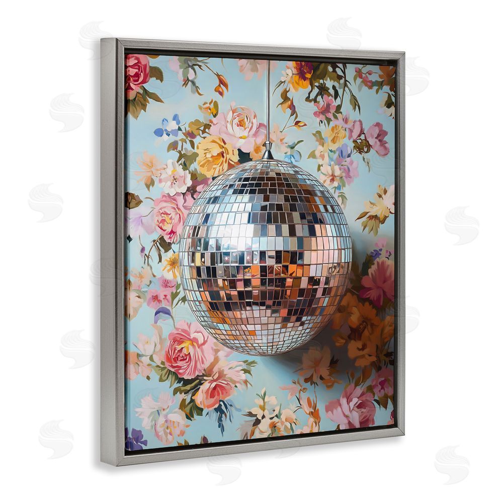LSR Design Studio Floral Disco Ball Reflection Gray Floating Frame Canvas Wall Art Print