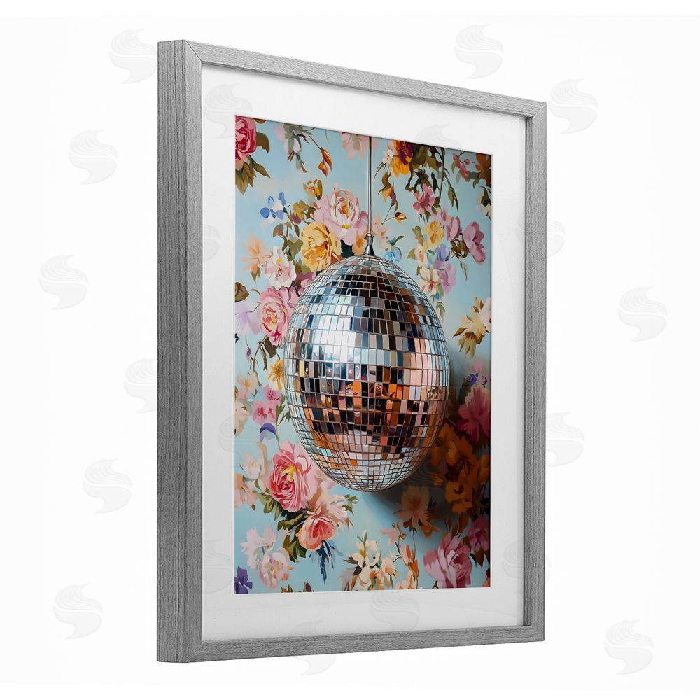 LSR Design Studio Floral Disco Ball Reflection Gray Framed Print Under Glass Wall Art