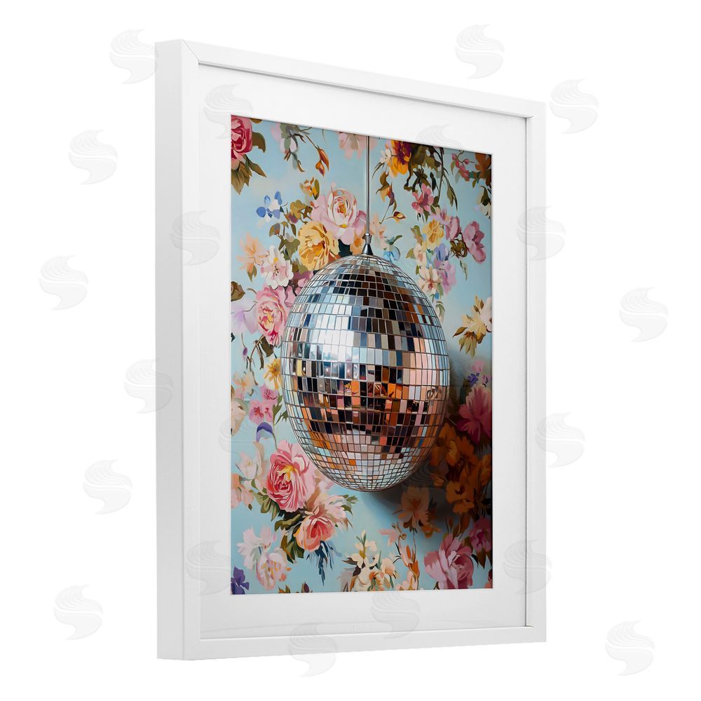LSR Design Studio Floral Disco Ball Reflection White Framed Print Under Glass Wall Art