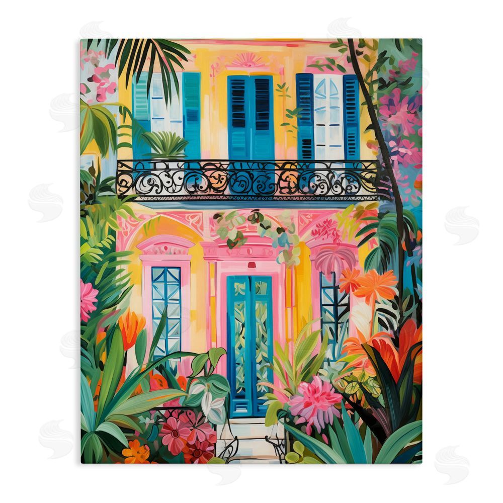 LSR Design Studio Colorful Facade with Tropical Garden Stretched Canvas Wall Art