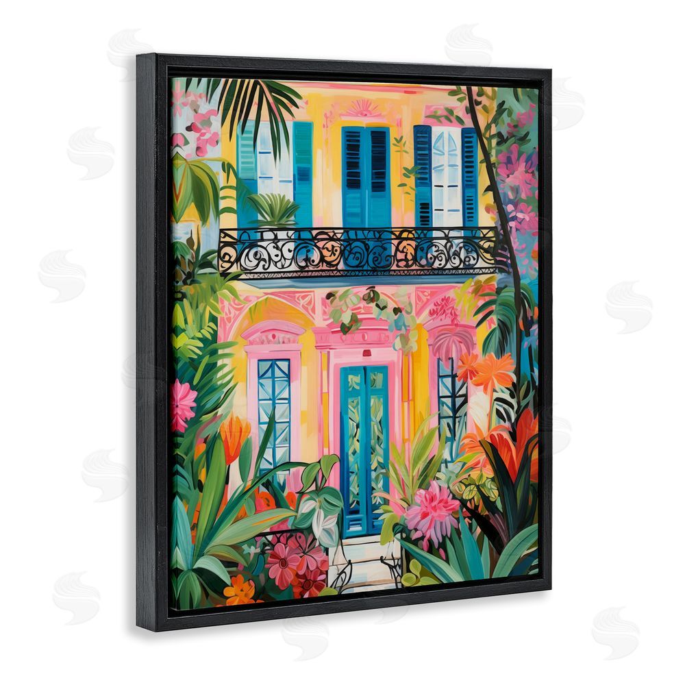 LSR Design Studio Colorful Facade with Tropical Garden Black Floating Frame Canvas Wall Art Print