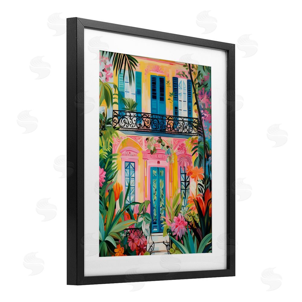 LSR Design Studio Colorful Facade with Tropical Garden Black Framed Print Under Glass Wall Art