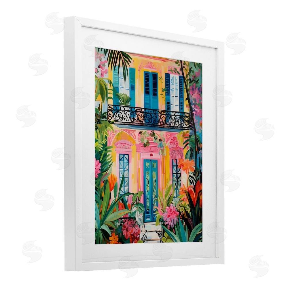 LSR Design Studio Colorful Facade with Tropical Garden White Framed Print Under Glass Wall Art
