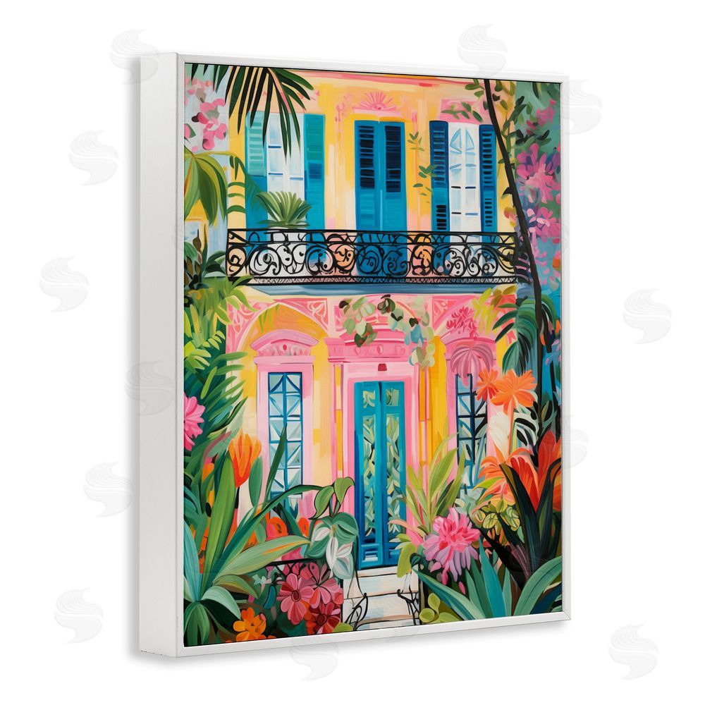 LSR Design Studio Colorful Facade with Tropical Garden White Framed Giclee Wall Art Print