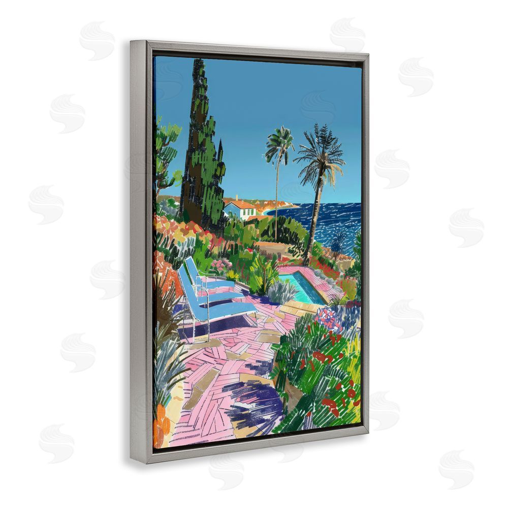 Creative Studio Pool View to Ocean Gray Floating Framed Canvas Wall Art