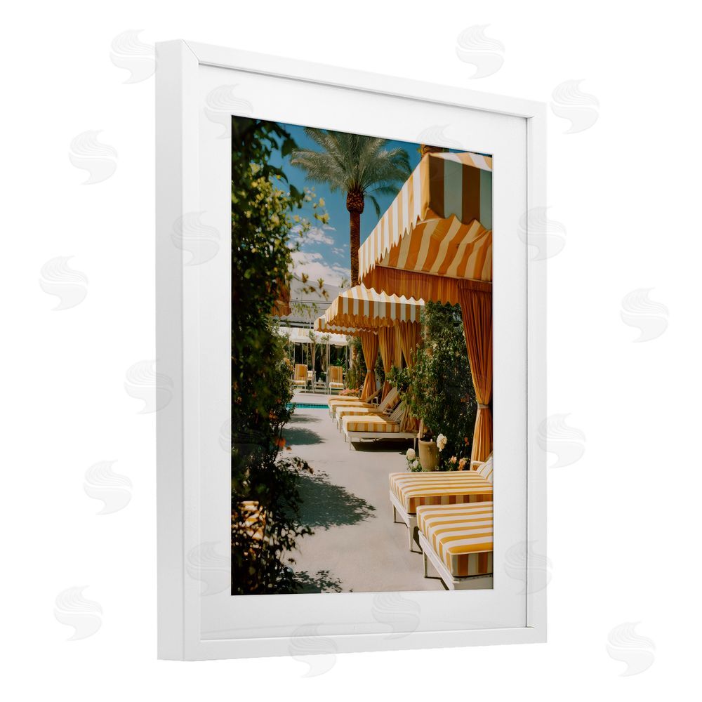 Franklyn Gregory Vintage Cabanas at Poolside White Framed Print Under Glass with White Mat Wall Art