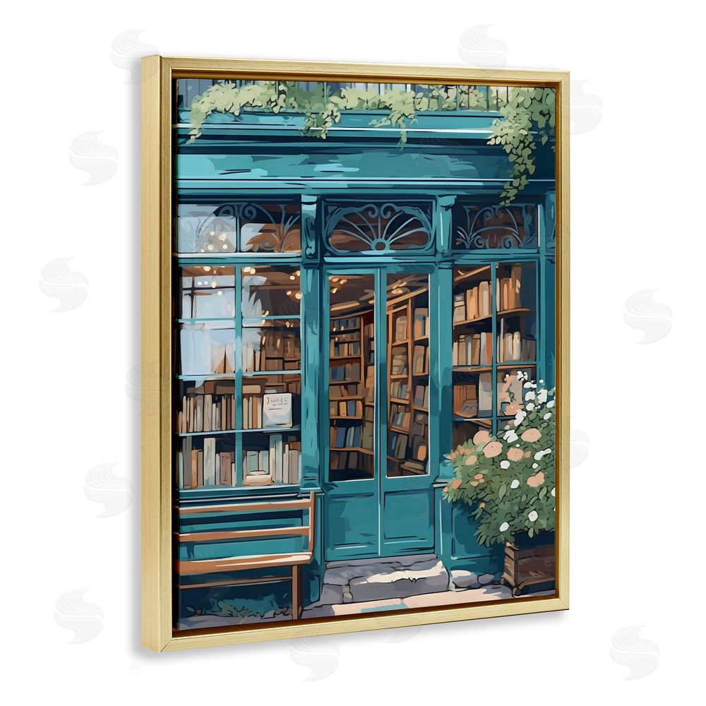 LSR Design Studio Book Shop Facade Gold Floating Frame Stretched Canvas Wall Art Print