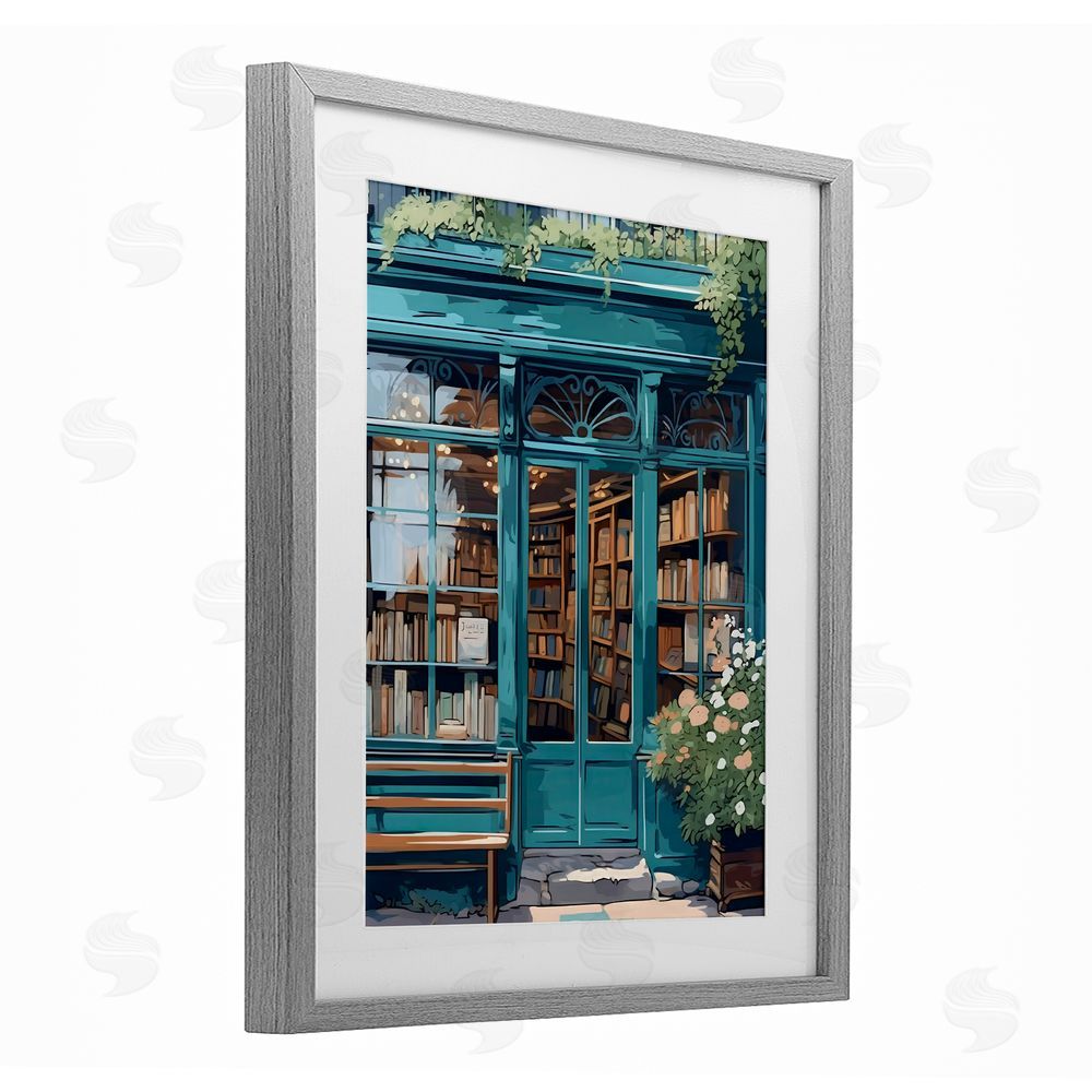 LSR Design Studio Book Shop Facade Gray Framed Print Under Glass with Matting Wall Art