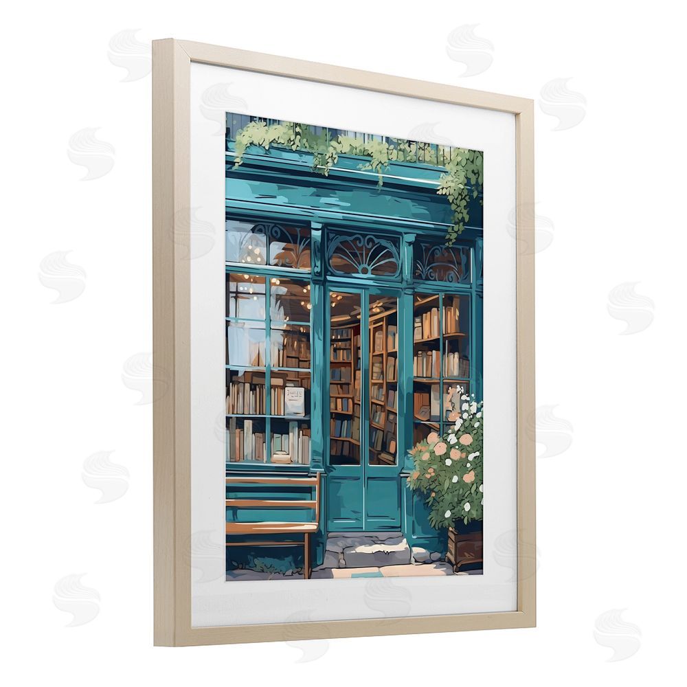 LSR Design Studio Book Shop Facade Brown Framed Print Under Glass with Matting Wall Art