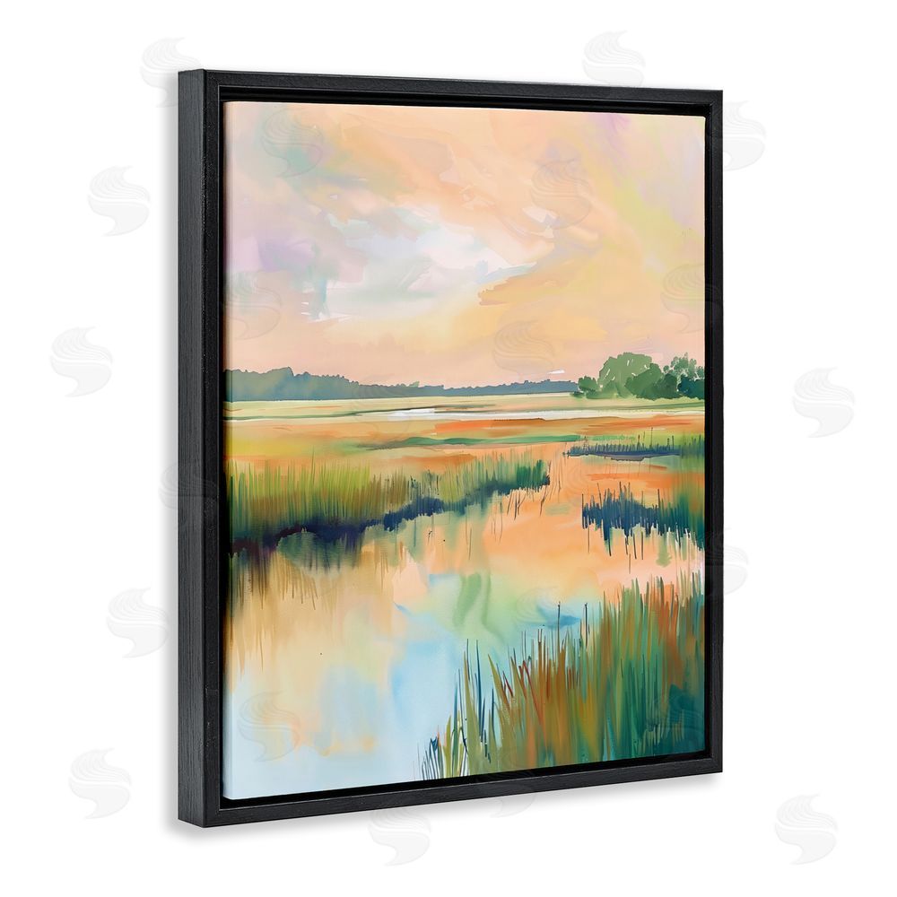 LSR Design Studio Marsh Sunset over Tranquil Stream Black Floating Framed Canvas Wall Art