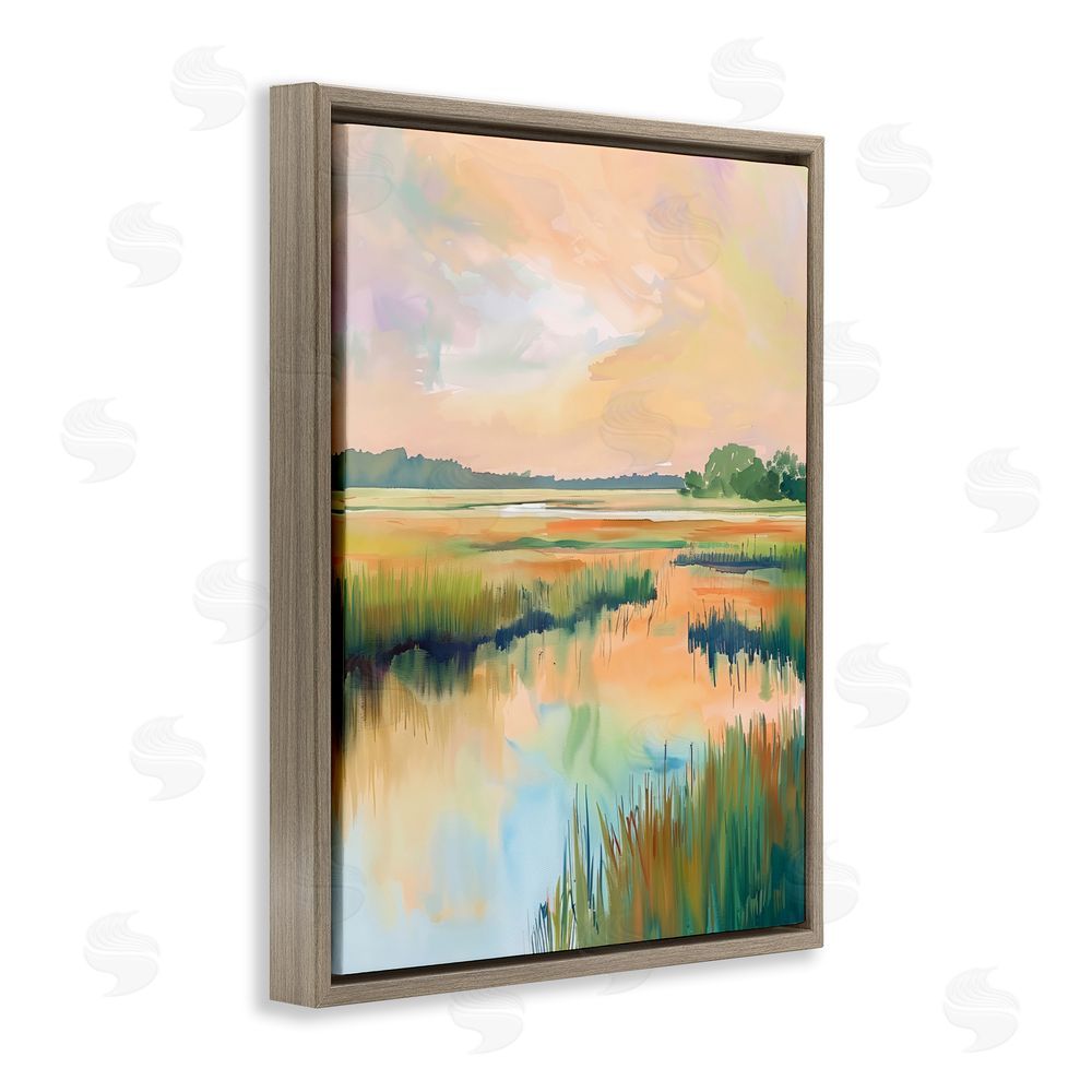 LSR Design Studio Marsh Sunset over Tranquil Stream Brown Floating Framed Canvas Wall Art