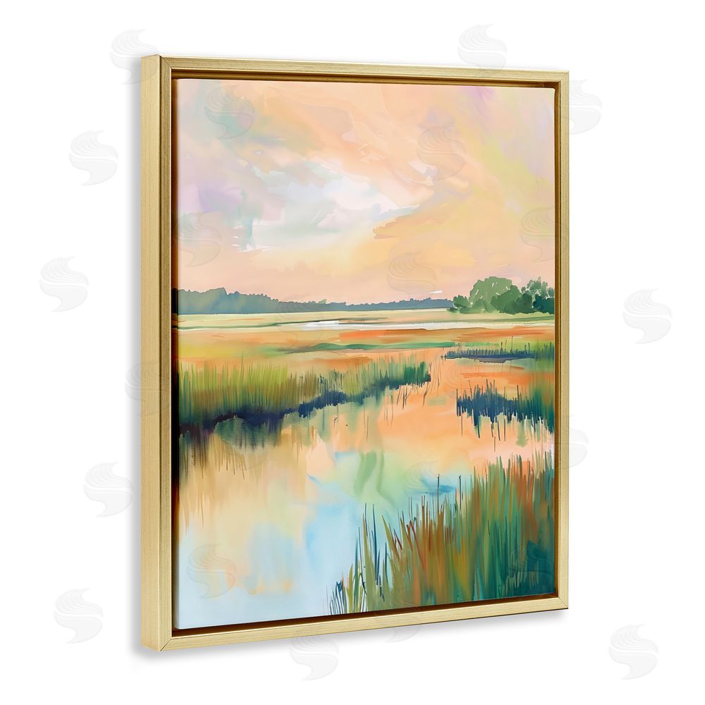 LSR Design Studio Marsh Sunset over Tranquil Stream Gold Floating Framed Canvas Wall Art