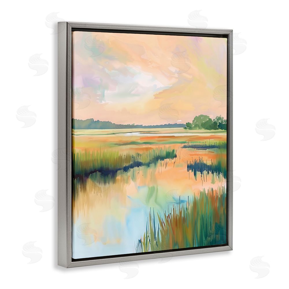 LSR Design Studio Marsh Sunset over Tranquil Stream Gray Floating Framed Canvas Wall Art