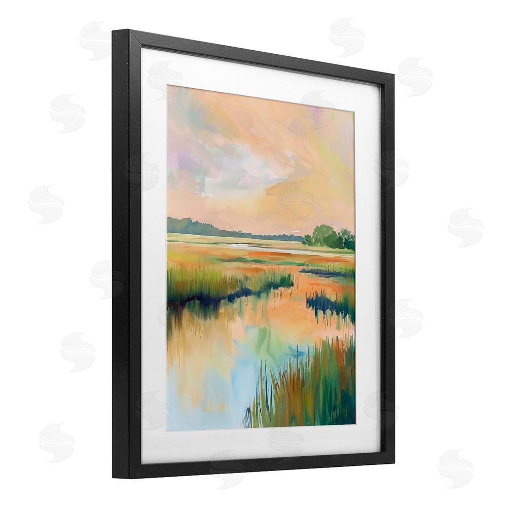 LSR Design Studio Marsh Sunset over Tranquil Stream Black Framed Print Under Glass Wall Art