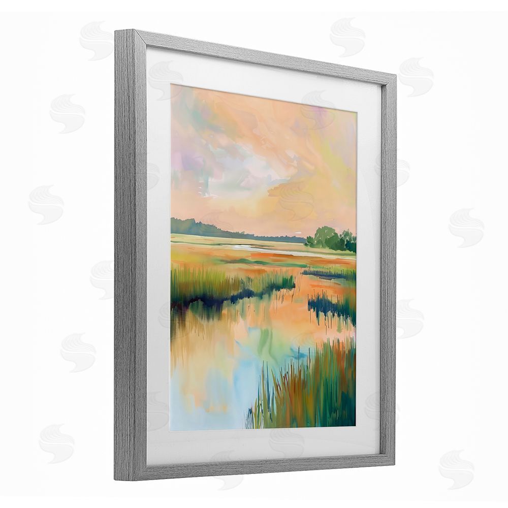 LSR Design Studio Marsh Sunset over Tranquil Stream Gray Framed Print Under Glass Wall Art