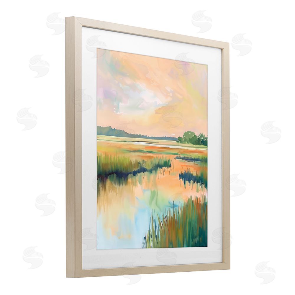 LSR Design Studio Marsh Sunset over Tranquil Stream Brown Framed Print Under Glass Wall Art