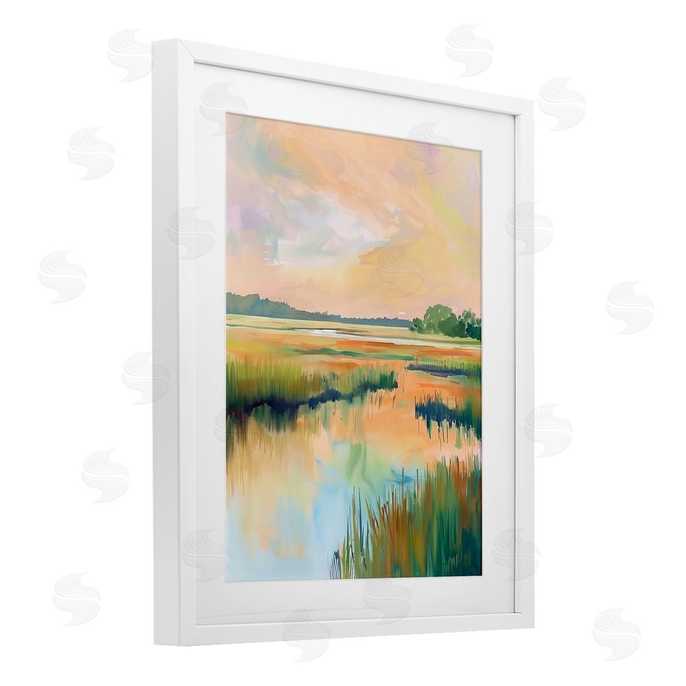 LSR Design Studio Marsh Sunset over Tranquil Stream White Framed Print Under Glass Wall Art