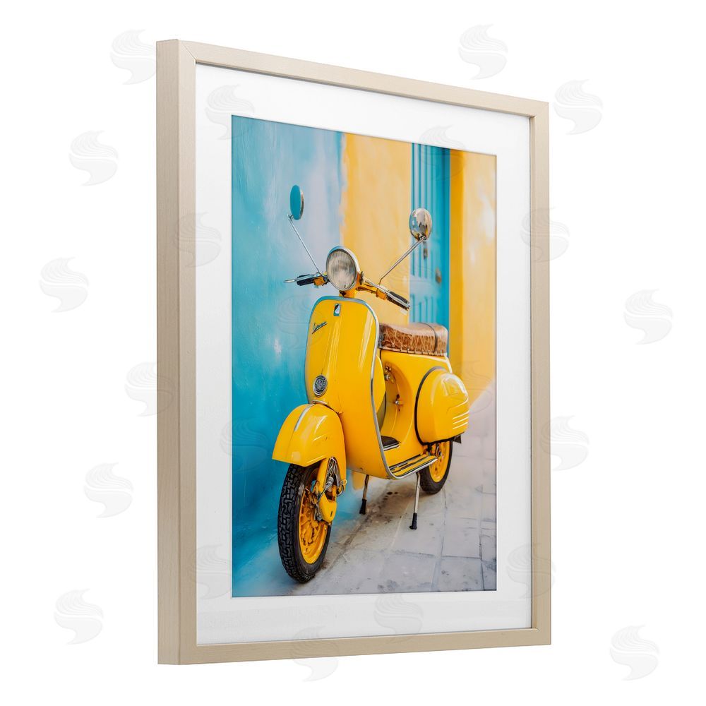 Franklyn Gregory Sunny Ride Vintage Moped Brown Framed Print Under Glass with White Mat Wall Art