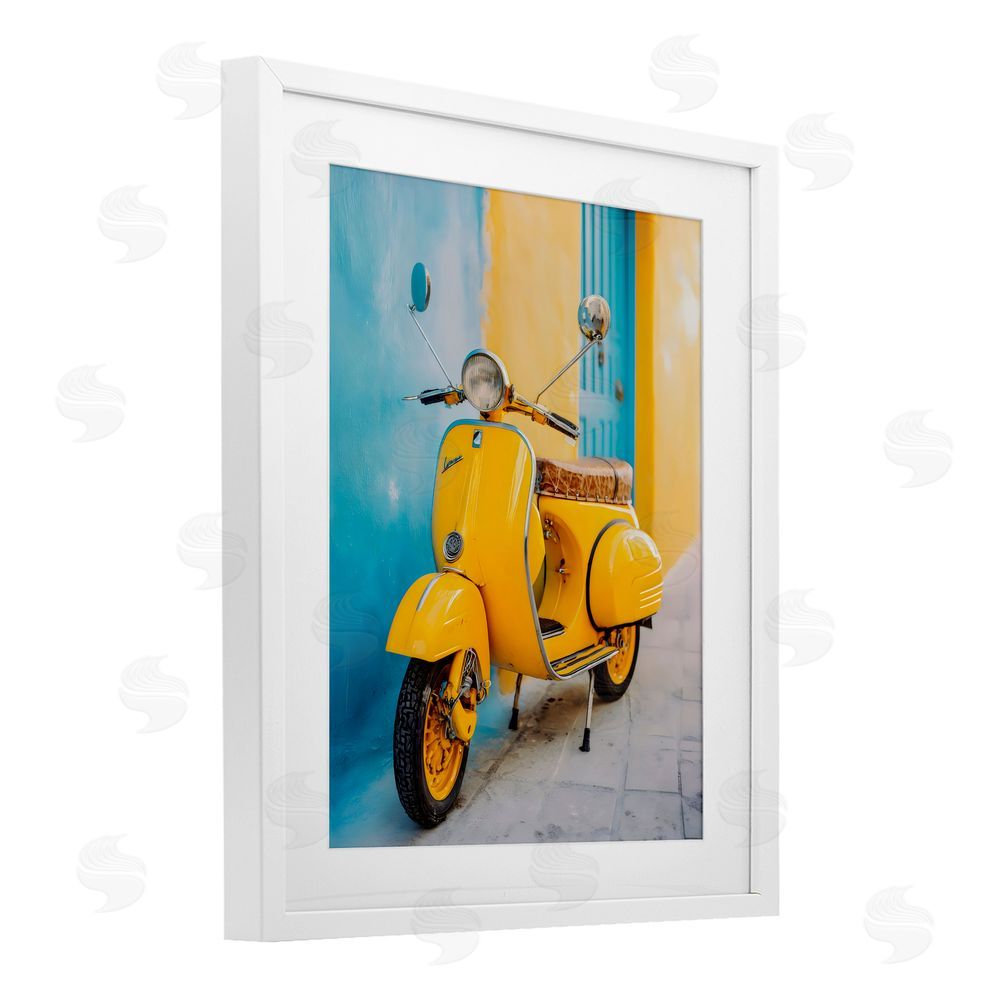 Franklyn Gregory Sunny Ride Vintage Moped White Framed Print Under Glass with White Mat Wall Art