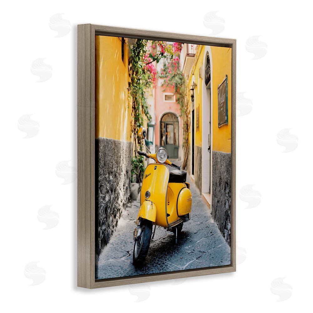 Franklyn Gregory Yellow Moped in Alley Brown Floating Framed Canvas Wall Art Print
