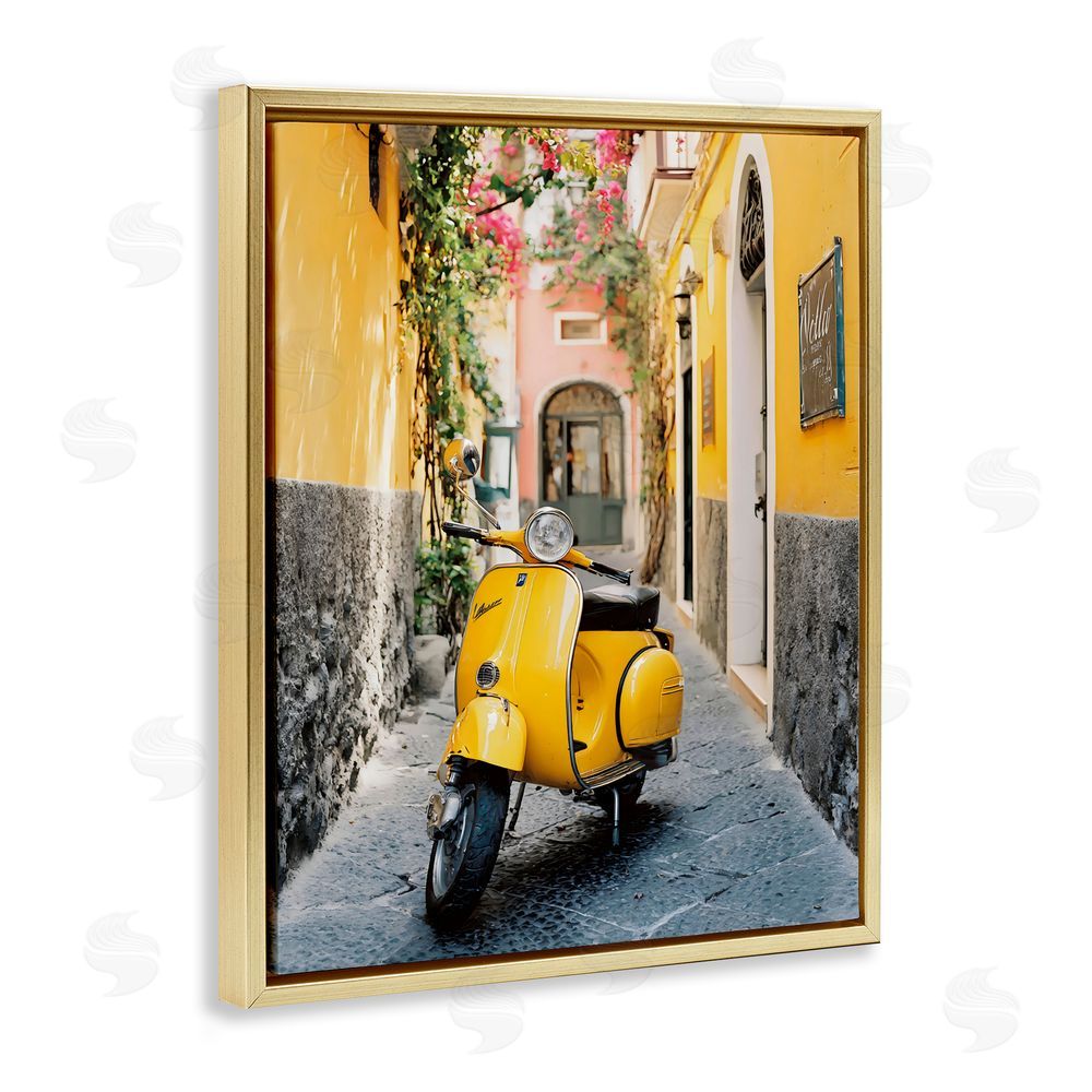 Franklyn Gregory Yellow Moped in Alley Gold Floating Framed Canvas Wall Art Print
