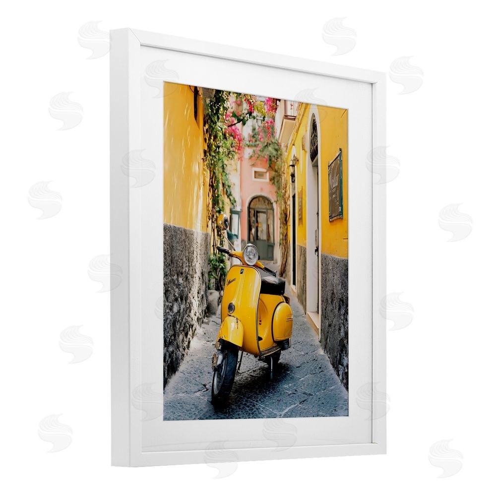 Franklyn Gregory Yellow Moped in Alley White Framed Print Under Glass with White Mat Wall Art