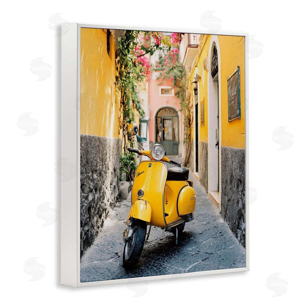 Franklyn Gregory Yellow Moped in Alley White Framed Giclee Wall Art Print