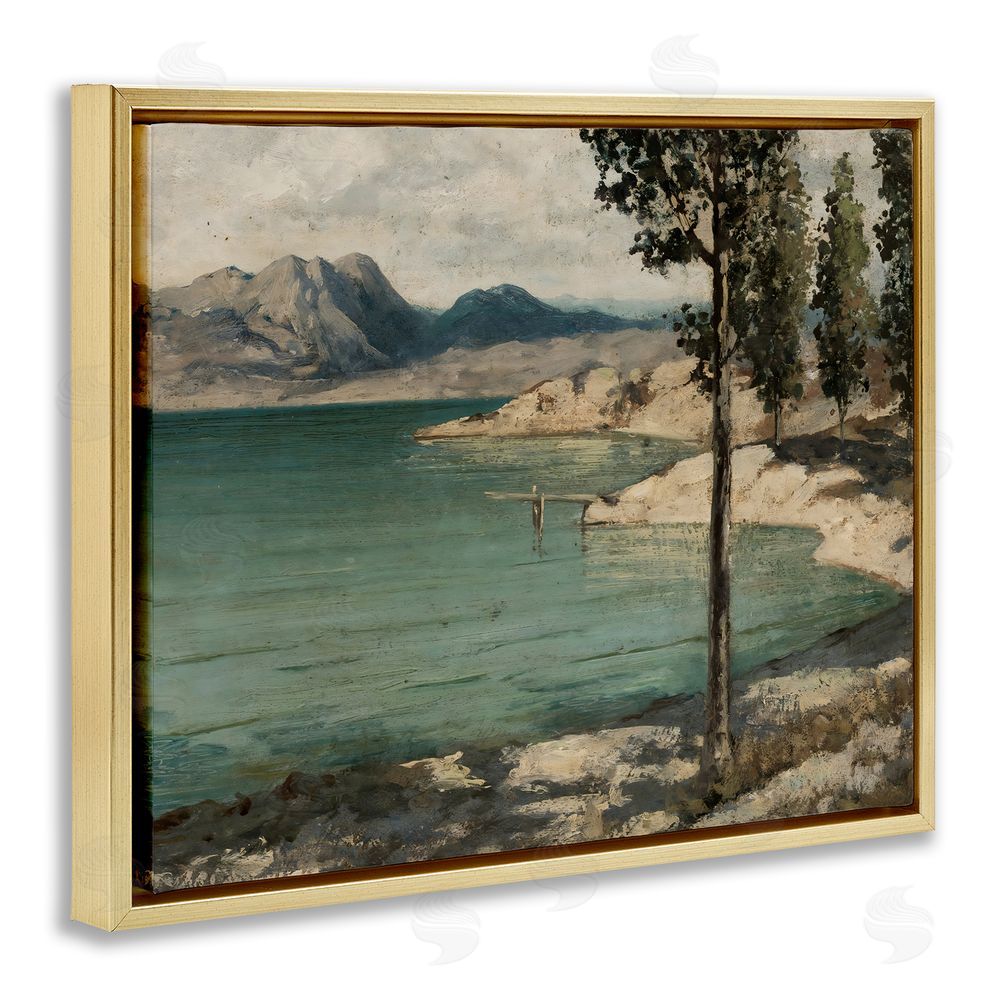 Arlington Prints Tranquil Shore with Trees Gold Floating Framed Canvas Wall Art Print