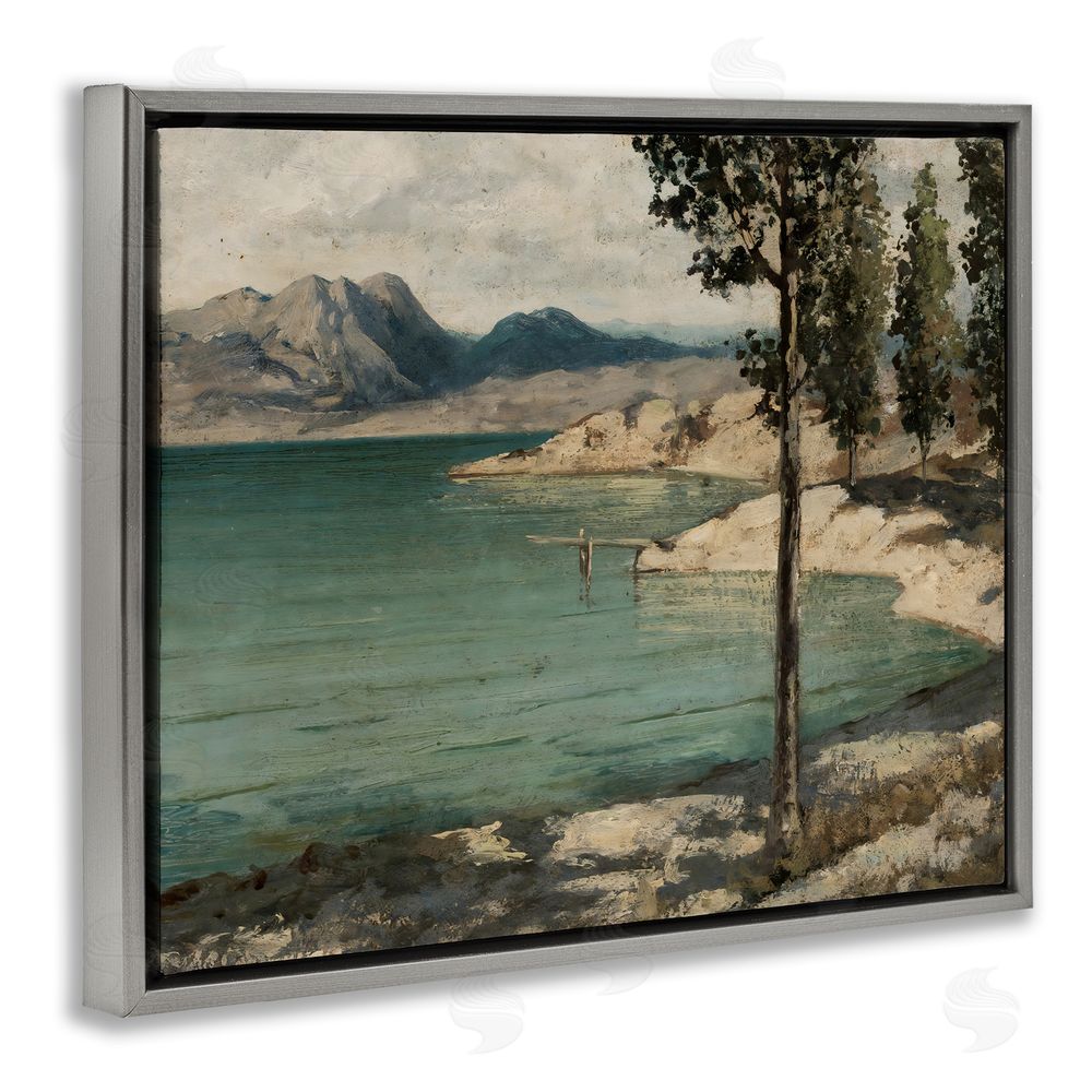 Arlington Prints Tranquil Shore with Trees Gray Floating Framed Canvas Wall Art Print