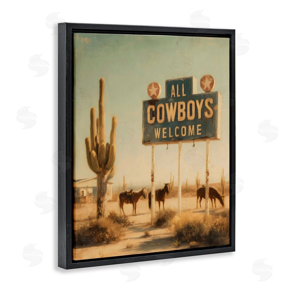 Arlington Prints All Cowboys Welcome Desert Black Floating Frame Stretched Canvas Wall Art Print