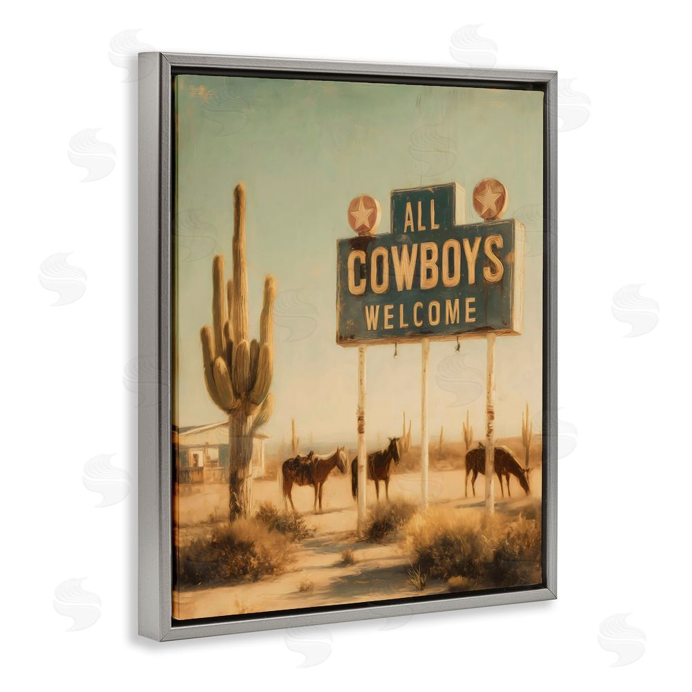 Arlington Prints All Cowboys Welcome Desert Gray Floating Frame Stretched Canvas Wall Art Print