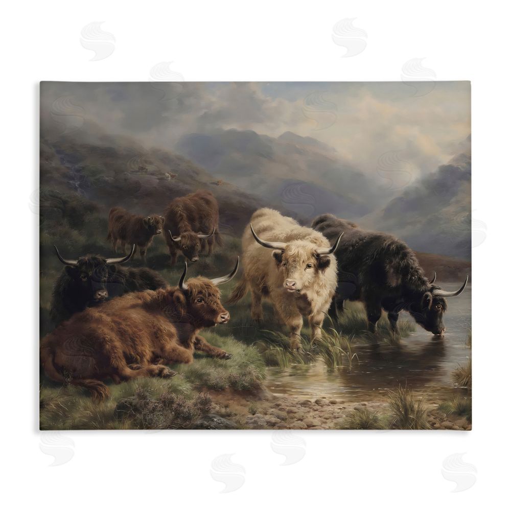 Arlington Prints Highland Cows Beside Misty Loch Stretched Canvas Wall Art