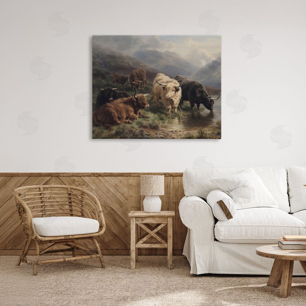 Arlington Prints Highland Cows Beside Misty Loch Stretched Canvas Wall Art in Room