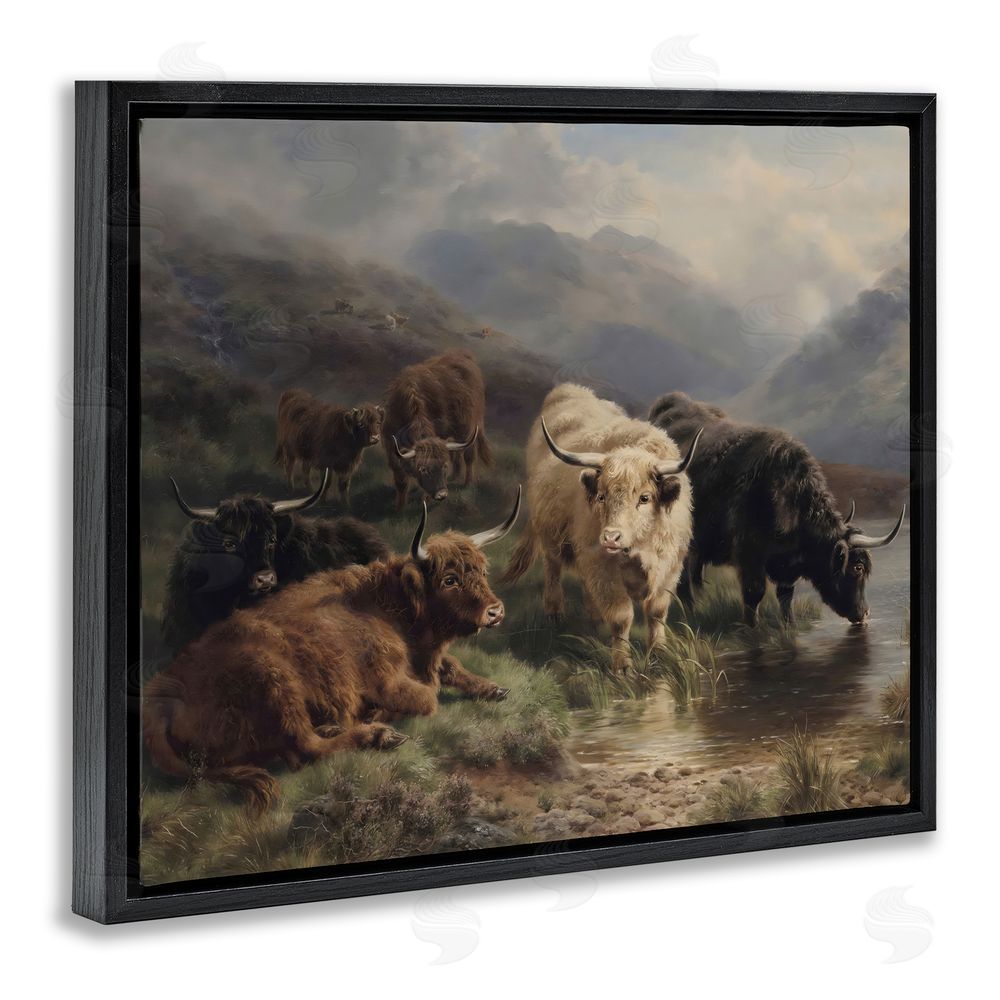 Arlington Prints Highland Cows Beside Misty Loch Black Floating Framed Canvas Wall Art