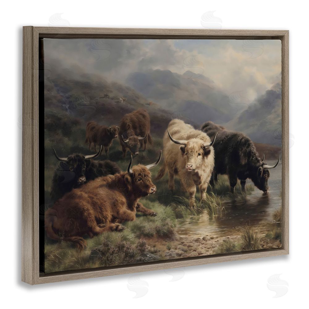 Arlington Prints Highland Cows Beside Misty Loch Brown Floating Framed Canvas Wall Art