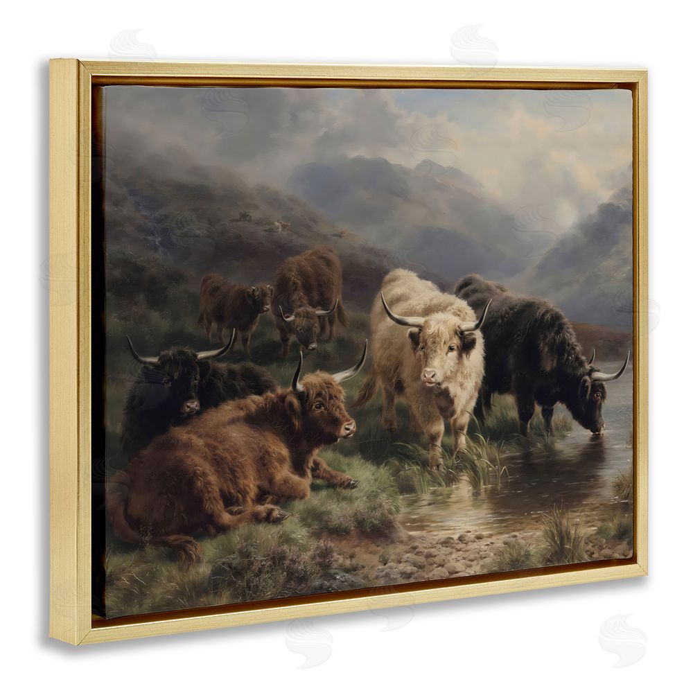 Arlington Prints Highland Cows Beside Misty Loch Gold Floating Framed Canvas Wall Art
