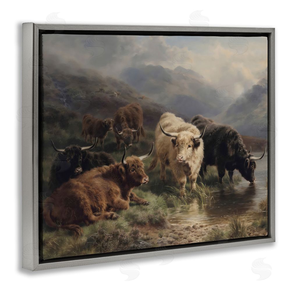 Arlington Prints Highland Cows Beside Misty Loch Gray Floating Framed Canvas Wall Art
