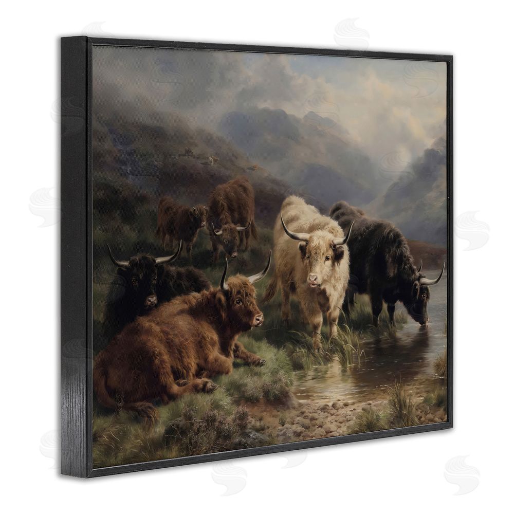 Arlington Prints Highland Cows Beside Misty Loch Black Framed Giclee Wall Art