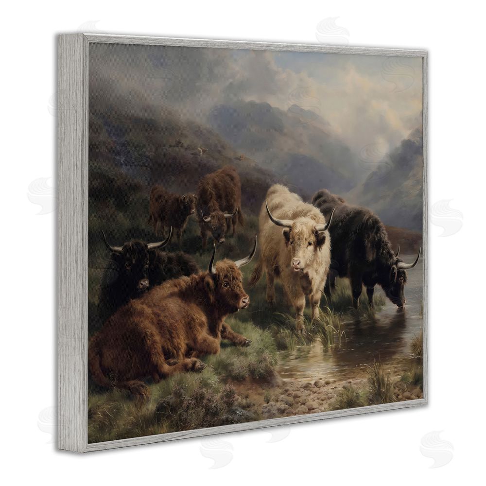 Arlington Prints Highland Cows Beside Misty Loch Gray Framed Giclee Wall Art