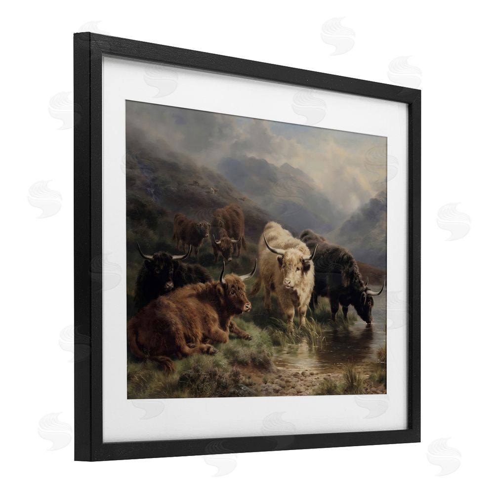 Arlington Prints Highland Cows Beside Misty Loch Black Framed Print Under Glass Wall Art