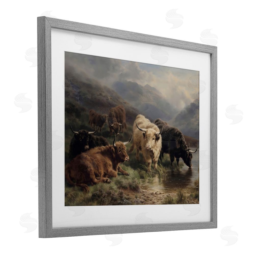 Arlington Prints Highland Cows Beside Misty Loch Gray Framed Print Under Glass Wall Art